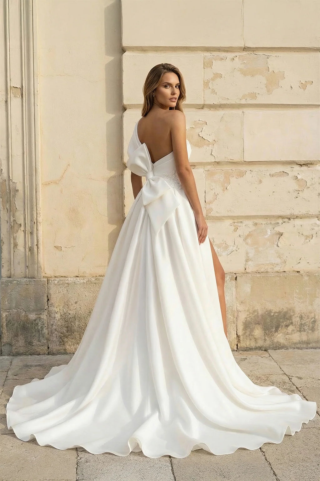 A-Line One-Shoulder Organza Sweep Train Wedding Dress With Appliques Lace