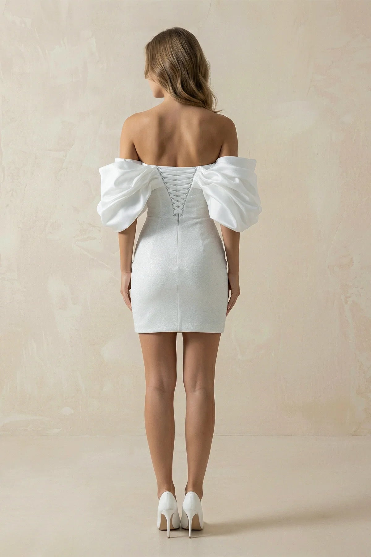 Sheath Glitter Short Off-the-Shoulder Wedding Dress With Lace-Up Back