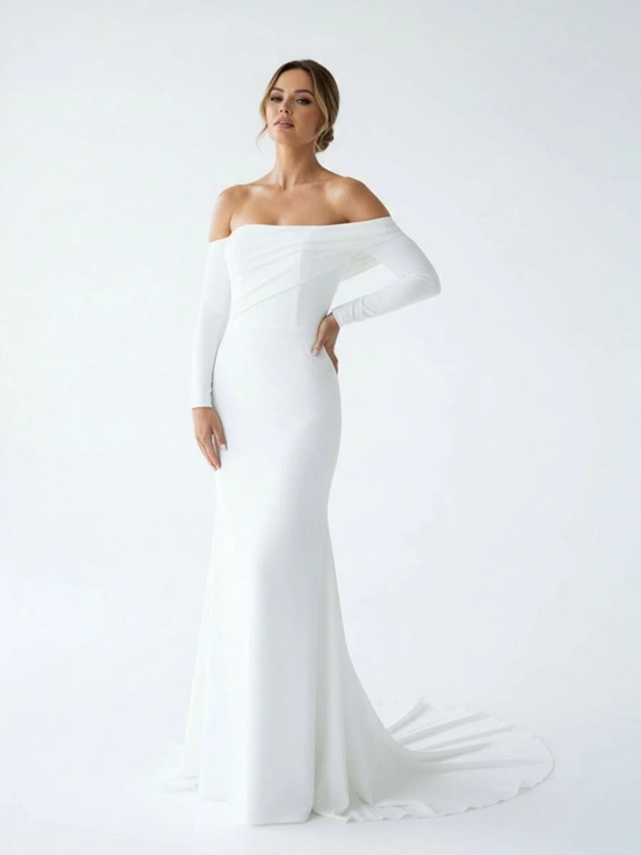 Simple White Boho Mermaid Long Wedding Dress with Sleeves