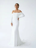 Simple White Boho Mermaid Long Wedding Dress with Sleeves