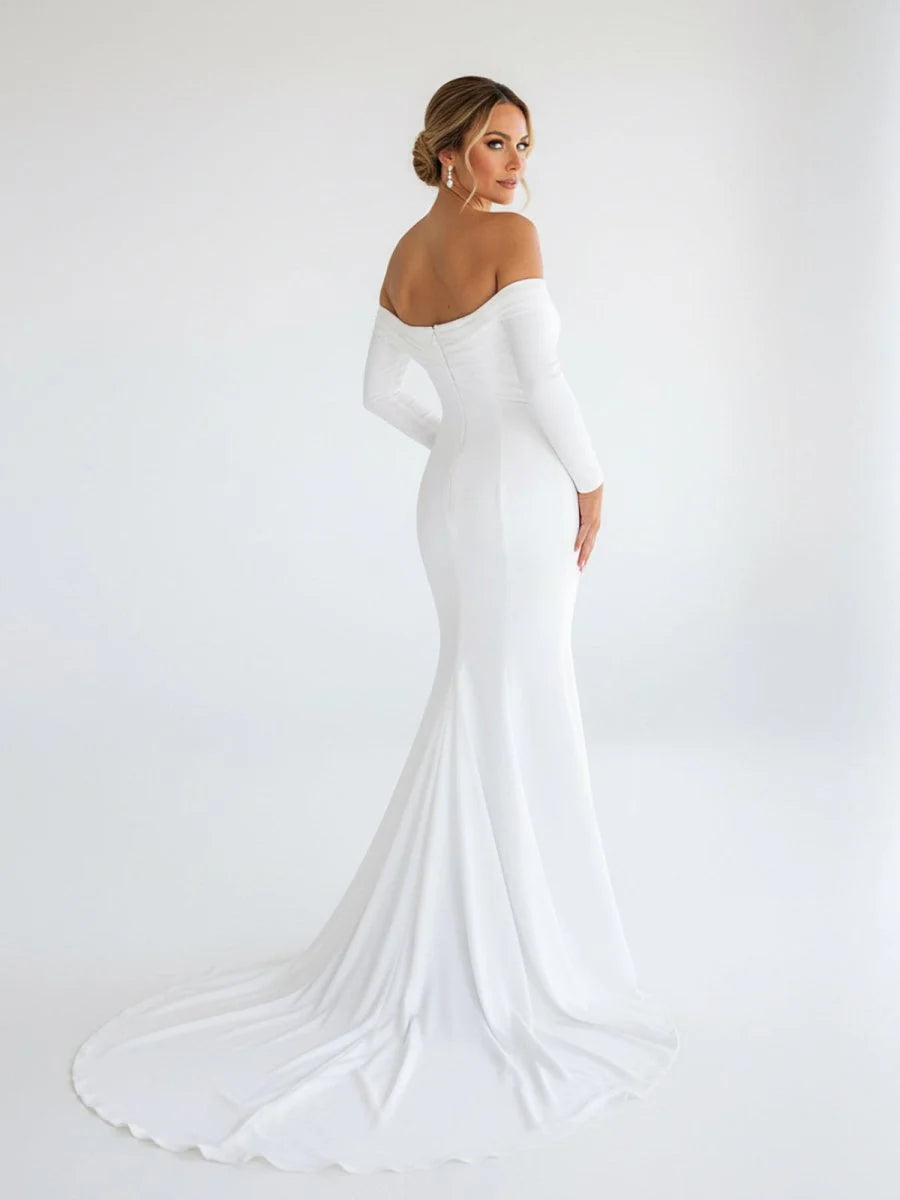 Simple White Boho Mermaid Long Wedding Dress with Sleeves