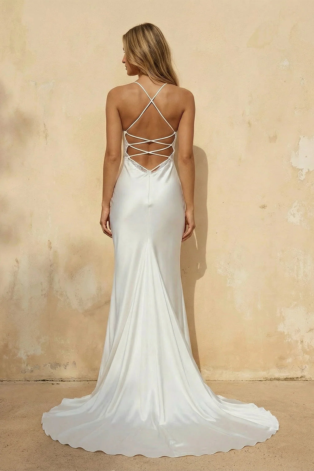 Mermaid Satin White Spaghetti-Straps Wedding Dresses With Lace-Up Back