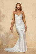 Mermaid Satin White Spaghetti-Straps Wedding Dresses With Lace-Up Back