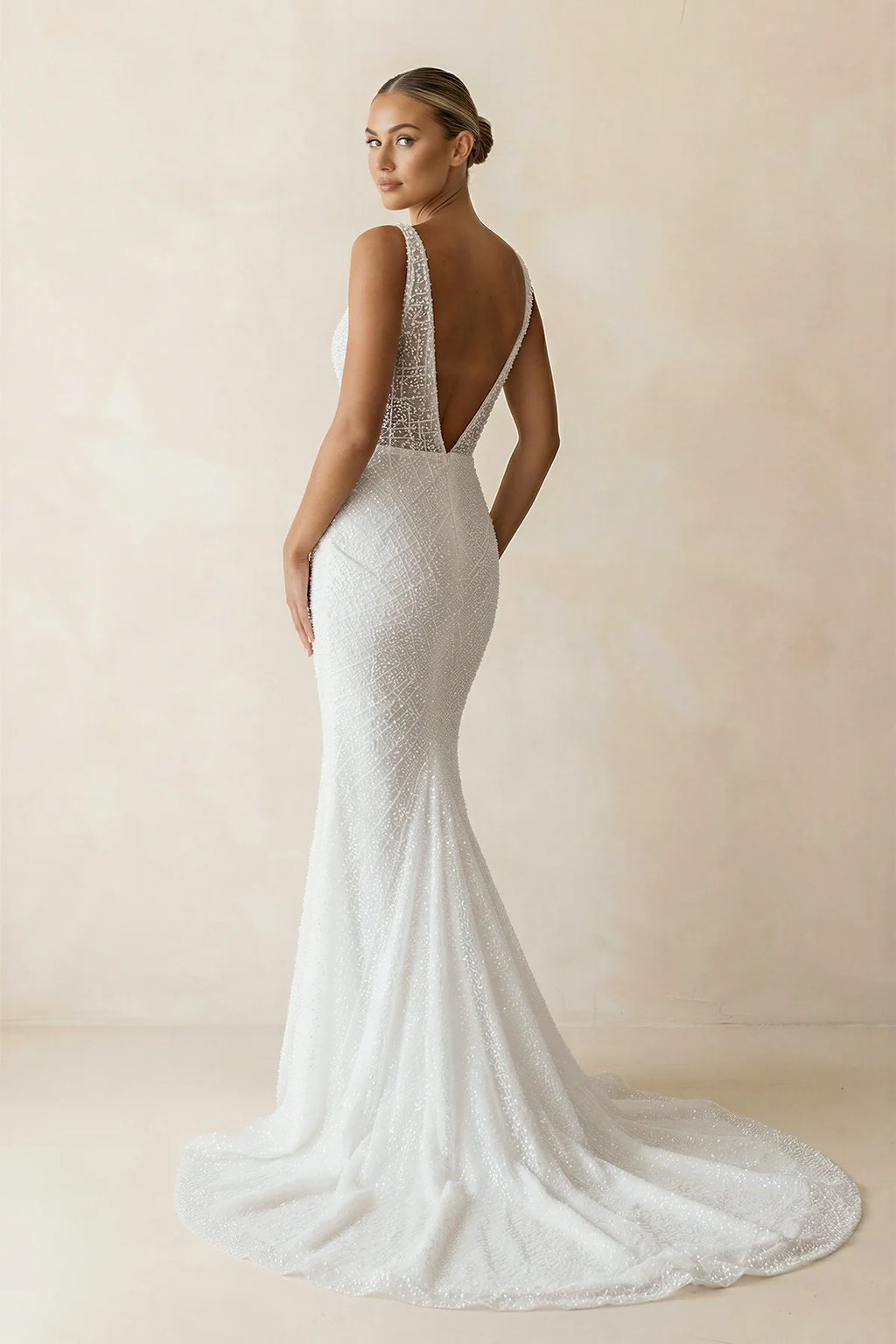 Sparkly Mermaid V Neck Sequins Lace Long Wedding Dresses