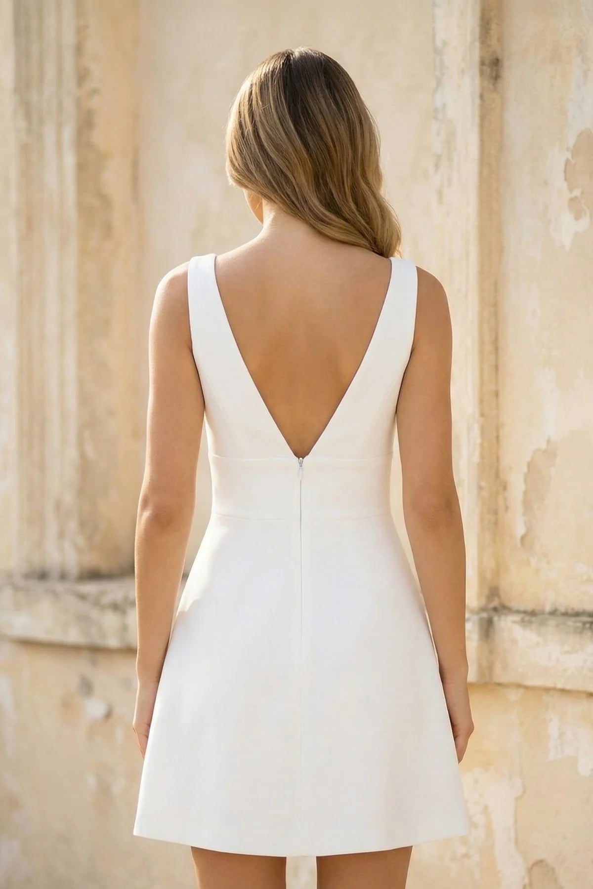 A-Line V-Neck Sleeveless Short Mini Satin Wedding Dresses in Diamond White