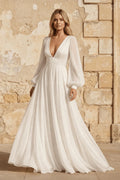 A-Line Long Sleeves Matte Satin Wedding Dresses with V Neck
