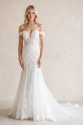 White Long Tulle Mermaid Wedding Dress with Lace Appliques