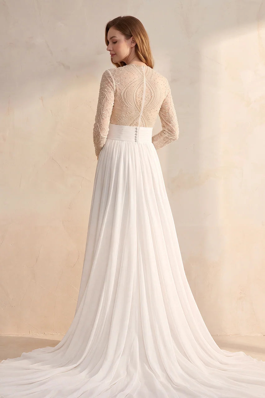 Luxurious Lace Beading Long Sleeves A-Line Pleated Tulle Wedding Dresses