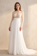 Luxurious Lace Beading Long Sleeves A-Line Pleated Tulle Wedding Dresses